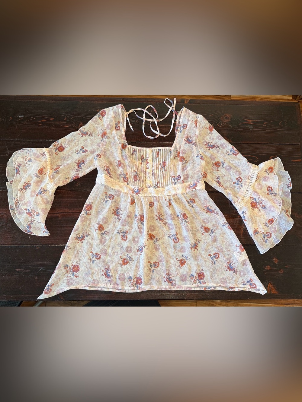 Decree Floral Puff Sleeve Peasant Top in Cream, Rust, purple and blue